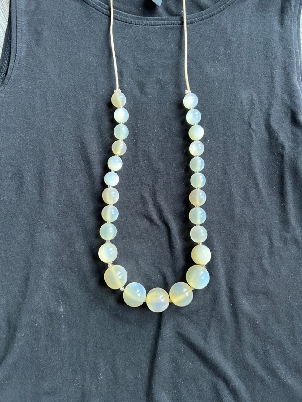Boho Opalescent Bead Long Necklace in Soft Cream-Silver